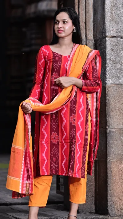 STICHED-Salwar Kameez with Dupatta, Red with maroon vertical strip Ikat-style