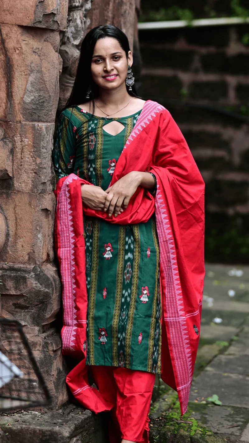 STICHED-Sambalpuri Salwar Kameez with Dupatta, Dark green color