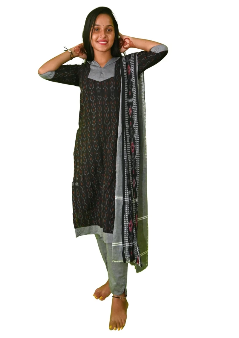 Sambalpuri Suit set Salwar Suit Set (Ethnic Ikat Style)black and grey combination(STITCHED)