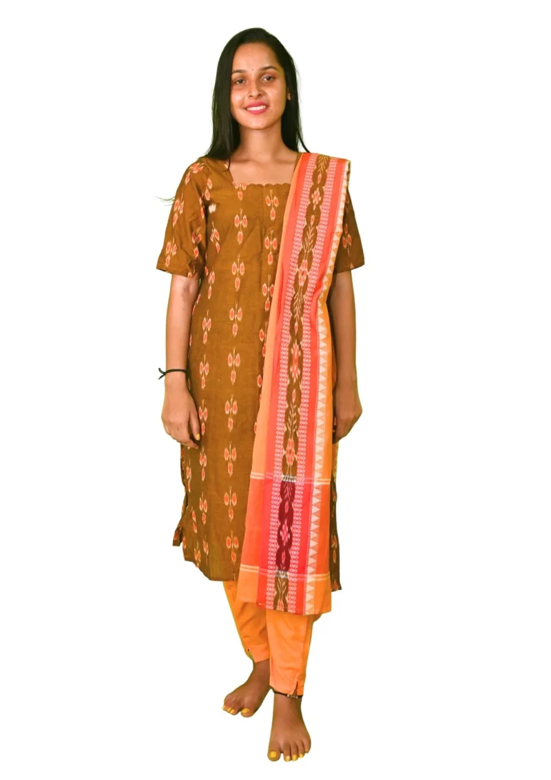 Sambalpuri Suit set Salwar Suit Set (Ethnic Ikat Style)mustard brown, orange, and red combination(STITCHED)