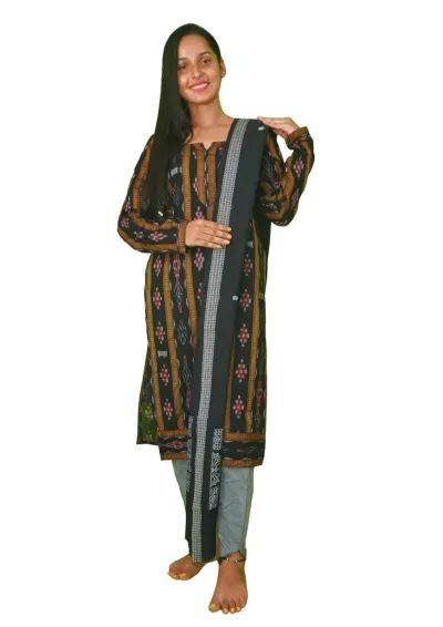 Sambalpuri Suit set Salwar Suit Set (Ethnic Ikat Style)black, mustard, and grey combination(STITCHED)