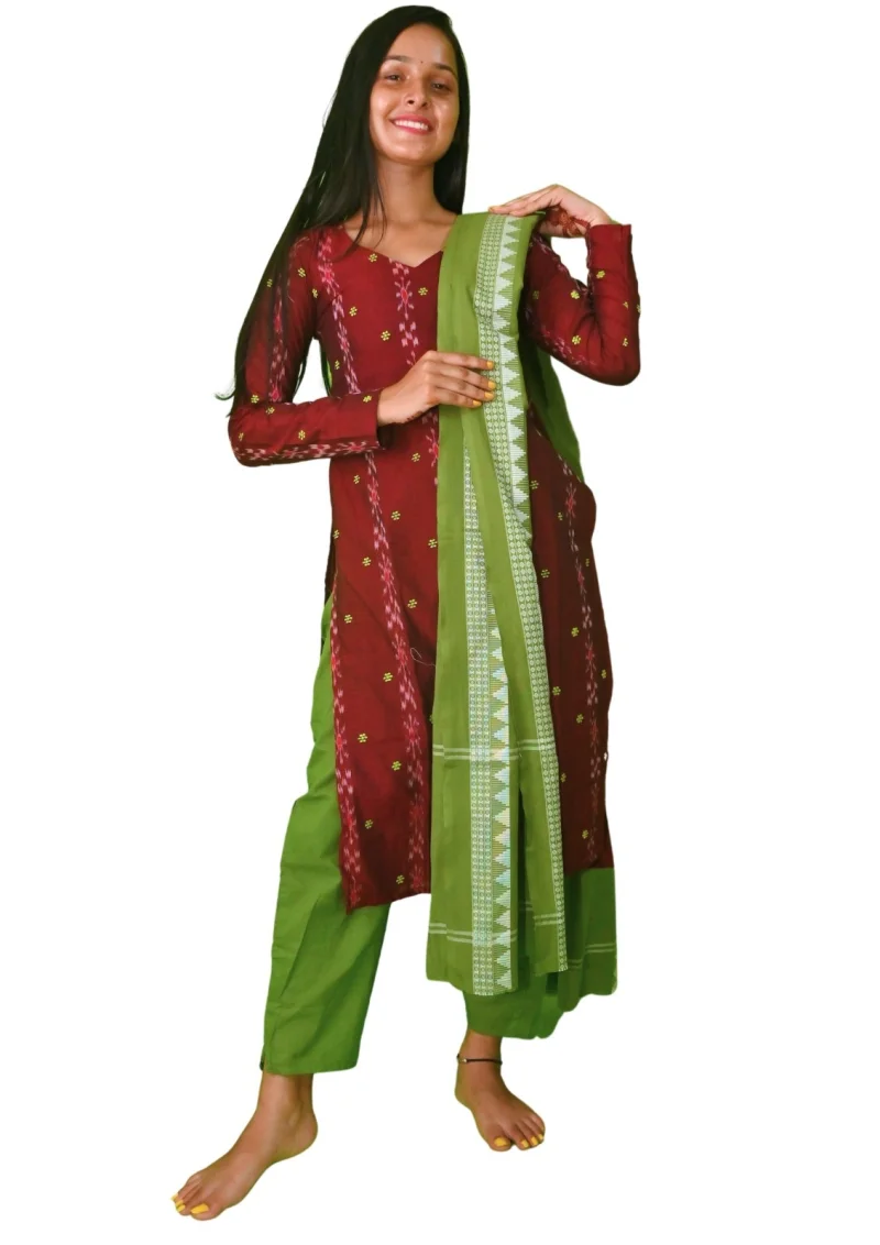 Sambalpuri Suit set Salwar Suit Set (Ethnic Ikat Style)maroon and green combination(STITCHED)