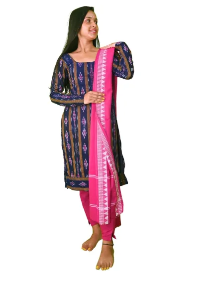 Sambalpuri Suit set Salwar Suit Set (Ethnic Ikat Style)navy blue and pink combination(STITCHED)