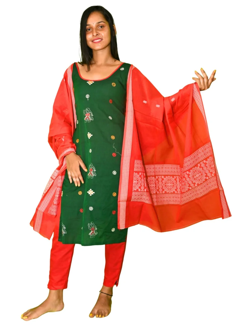 Sambalpuri Suit set Embroidered Salwar Suit Set (Ethnic Style)green and red combination with embroidery(STITCHED)