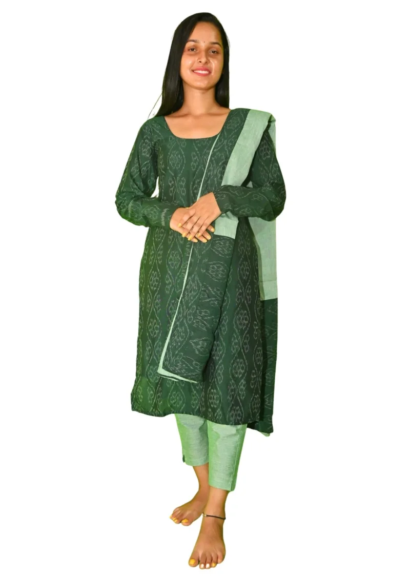 Sambalpuri Suit set Salwar Suit Set (Green Ikat Cotton Ensemble)green-on-green contrast(STITCHED)