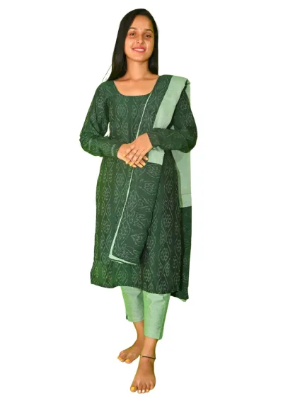 Sambalpuri Suit set Salwar Suit Set (Green Ikat Cotton Ensemble)green-on-green contrast(STITCHED)
