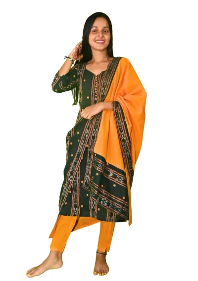Sambalpuri Suit set Salwar Suit Set (Black & Mustard Ikat Cotton Ensemble)black and mustard combination(STITCHED)