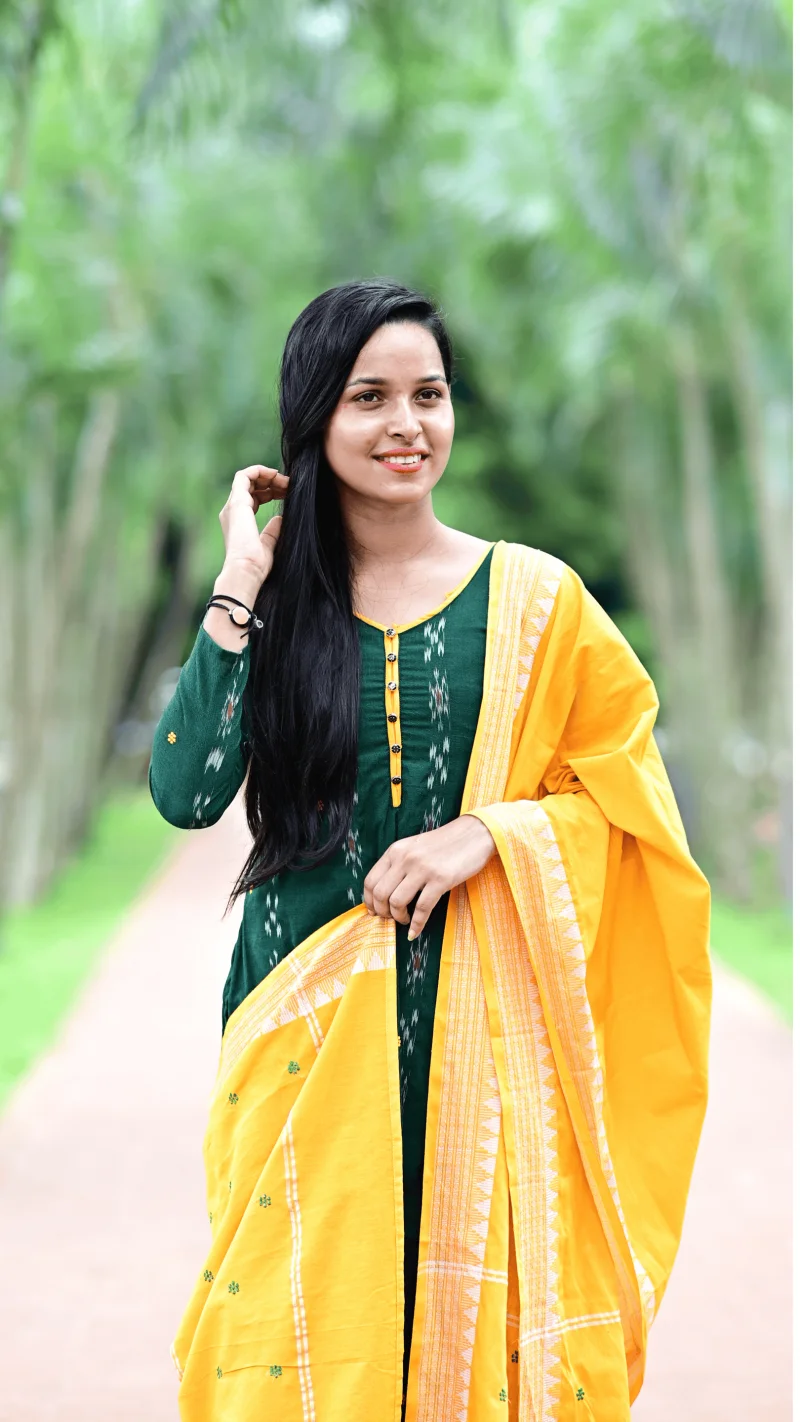 STICHED-Sambalpuri Suit set deep green and bright yellow Suit set