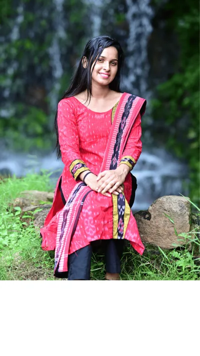 STICHED-Salwar Kameez with Dupatta, styled in a traditional red–black contrast theme with ikat-inspired patterns.