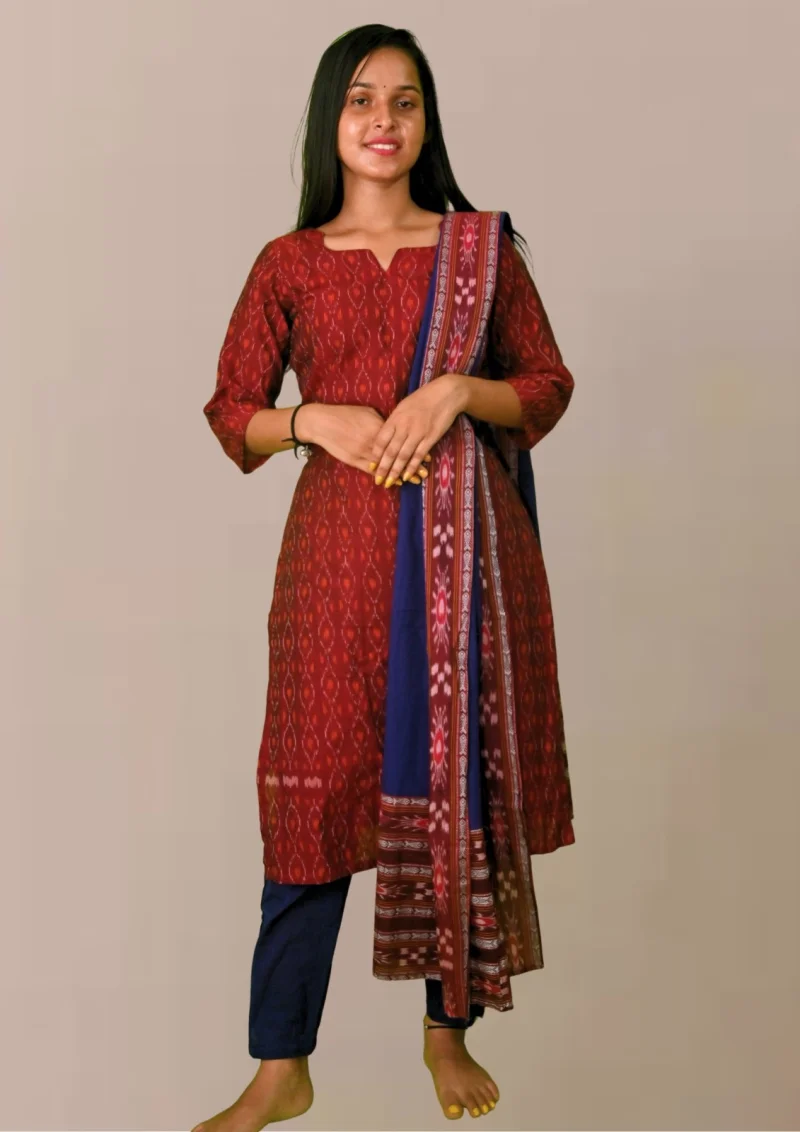 Sambalpuri Suit set Salwar Suit Set (Ethnic Ikat Style)maroon and navy blue combination(STITCHED)