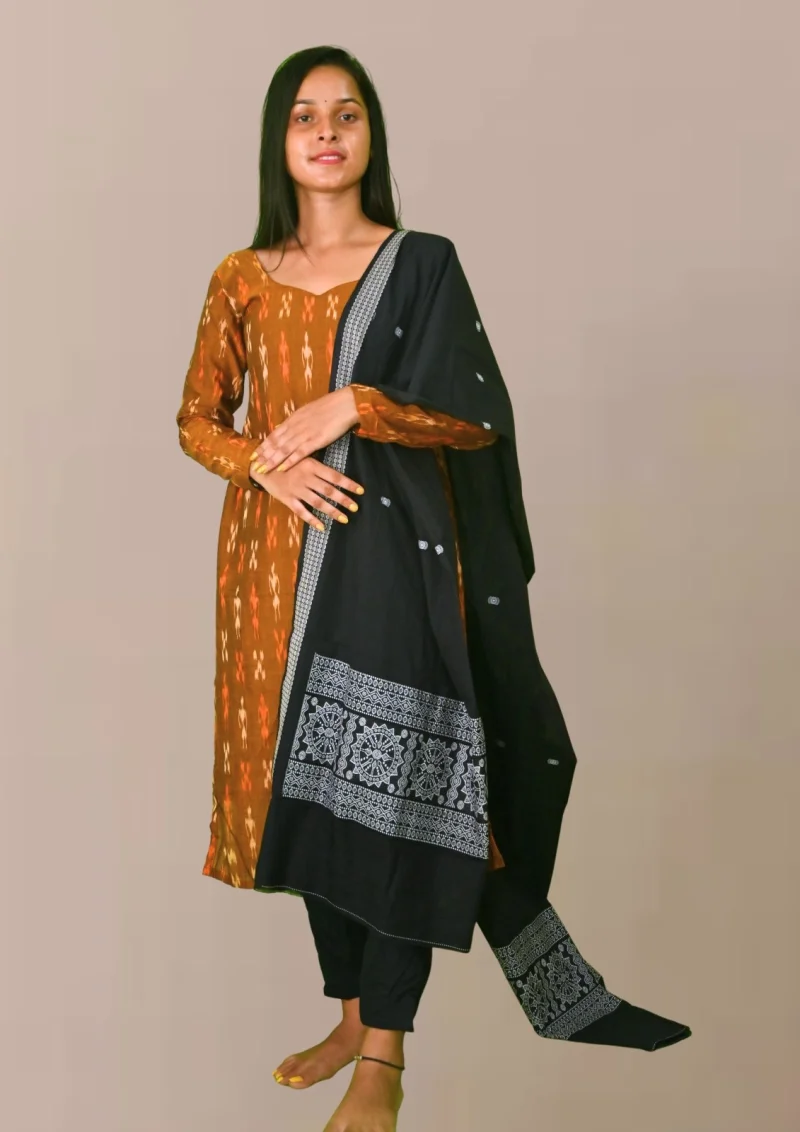 Sambalpuri Suit set Salwar Suit Set (Ethnic Ikat Style)rust brown and black combination(STITCHED)