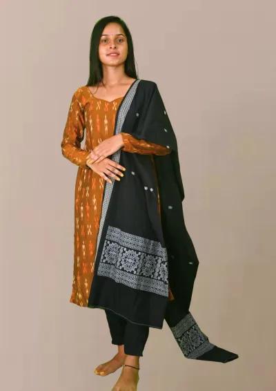 Sambalpuri Suit set Salwar Suit Set (Ethnic Ikat Style)rust brown and black combination(STITCHED)