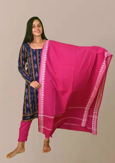 Sambalpuri Suit set Salwar Suit Set (Ethnic Ikat Style)navy blue and pink combination(STITCHED)