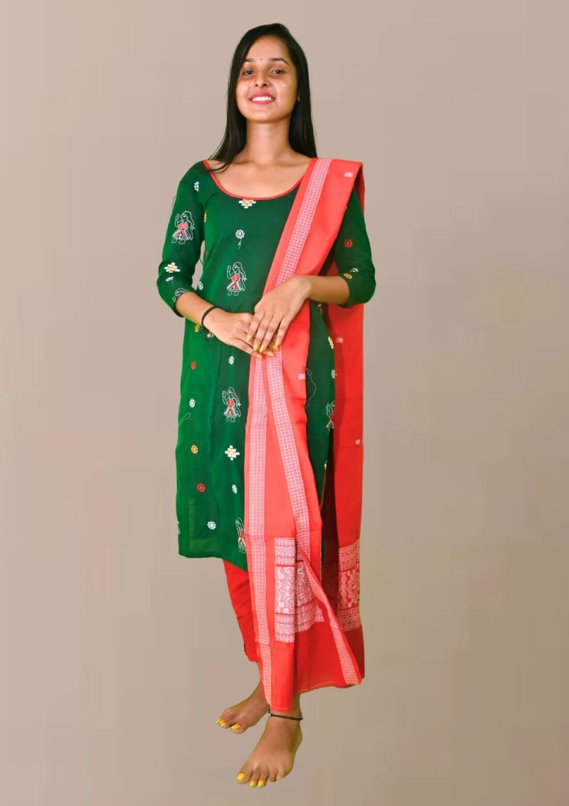 Sambalpuri Suit set Embroidered Salwar Suit Set (Ethnic Style)green and red combination with embroidery(STITCHED)