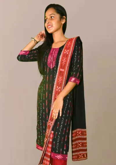 Sambalpuri Suit set Salwar Suit Set (Black Ikat with Maroon Accents)black and maroon combination(STITCHED)