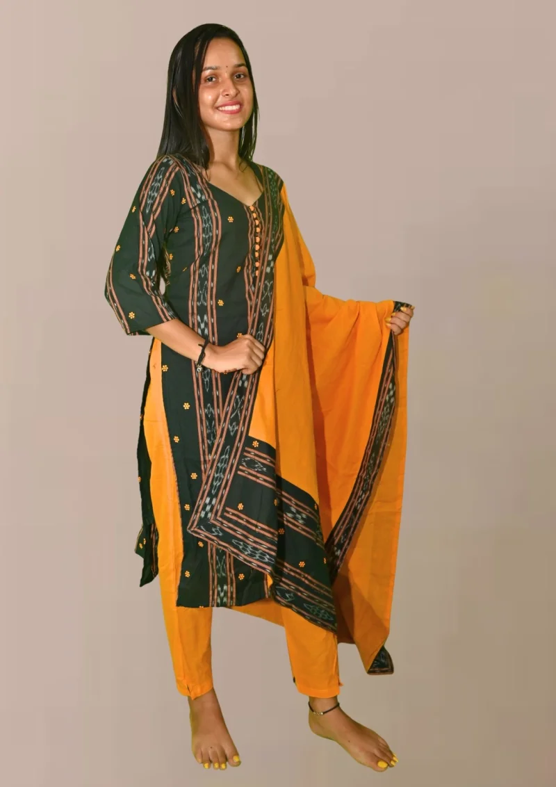Sambalpuri Suit set Salwar Suit Set (Black & Mustard Ikat Cotton Ensemble)black and mustard combination(STITCHED)