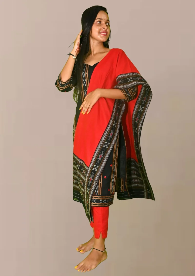 Sambalpuri Suit set Salwar Suit Set (Black & Red Ikat Cotton Ensemble)black and red combination(STITCHED)