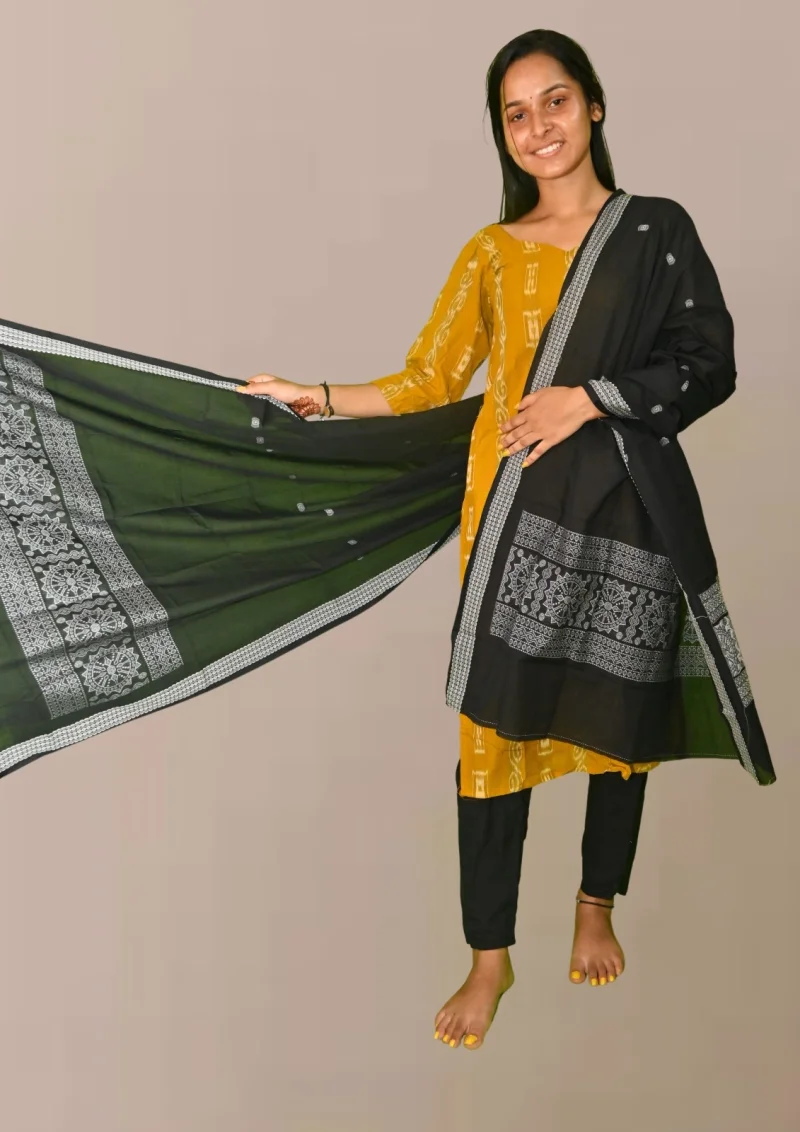 Sambalpuri Suit set Salwar Suit Set (Ikat Print with Contrasting Dupatta)mustard and black combination(STITCHED)