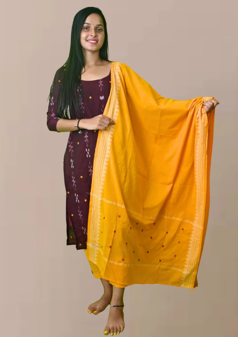 Sambalpuri Suit set Salwar Suit Set (Ikat Print with Contrasting Dupatta)mustard + black combination(STITCHED)
